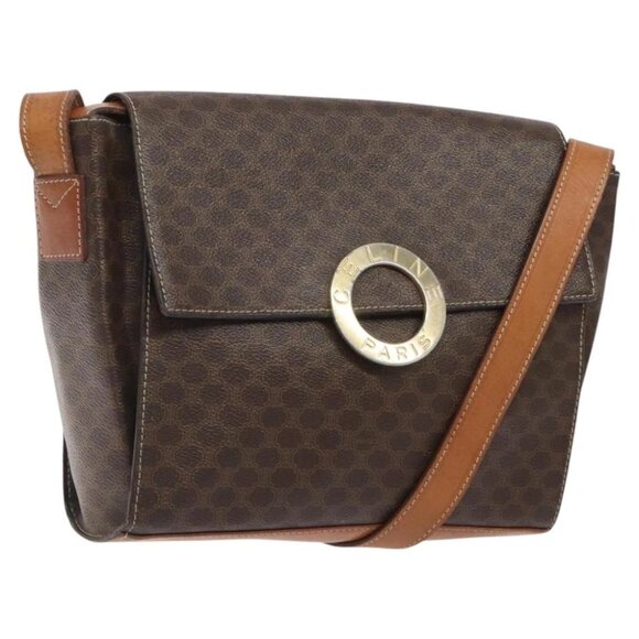 CELINE Macadam Canvas Circle Shoulder Bag PVC Leather Brown Gold Auth 122059 - Picture 1 of 14